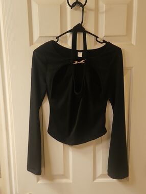 Black Long-Sleeve Cutout Top with Gold Detail